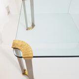 Coffee table glass, solid gold brass and brushed steel vintage seventies 70