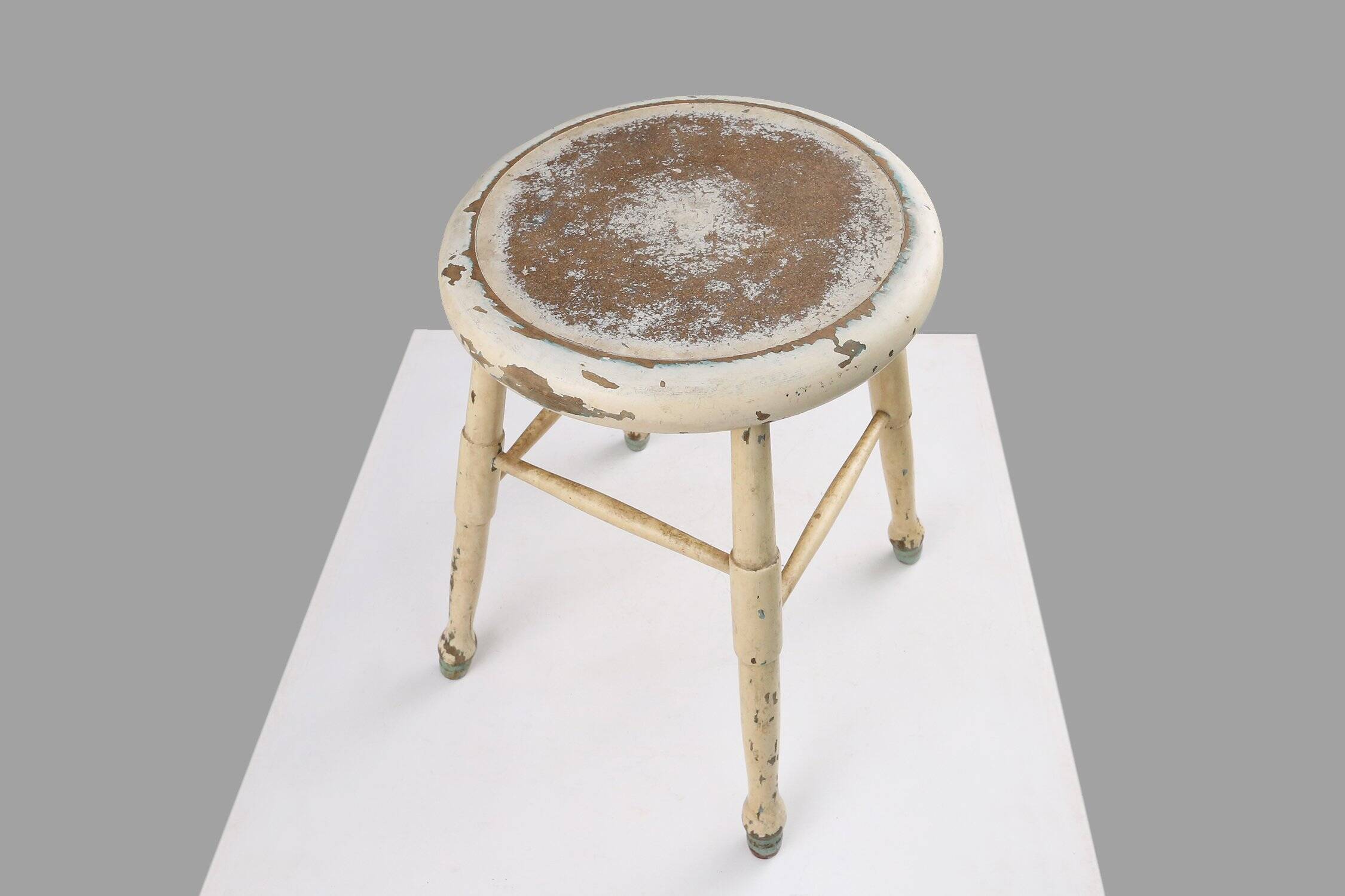 White Rustic Stool with Authentic Patina, Belgium 1930s