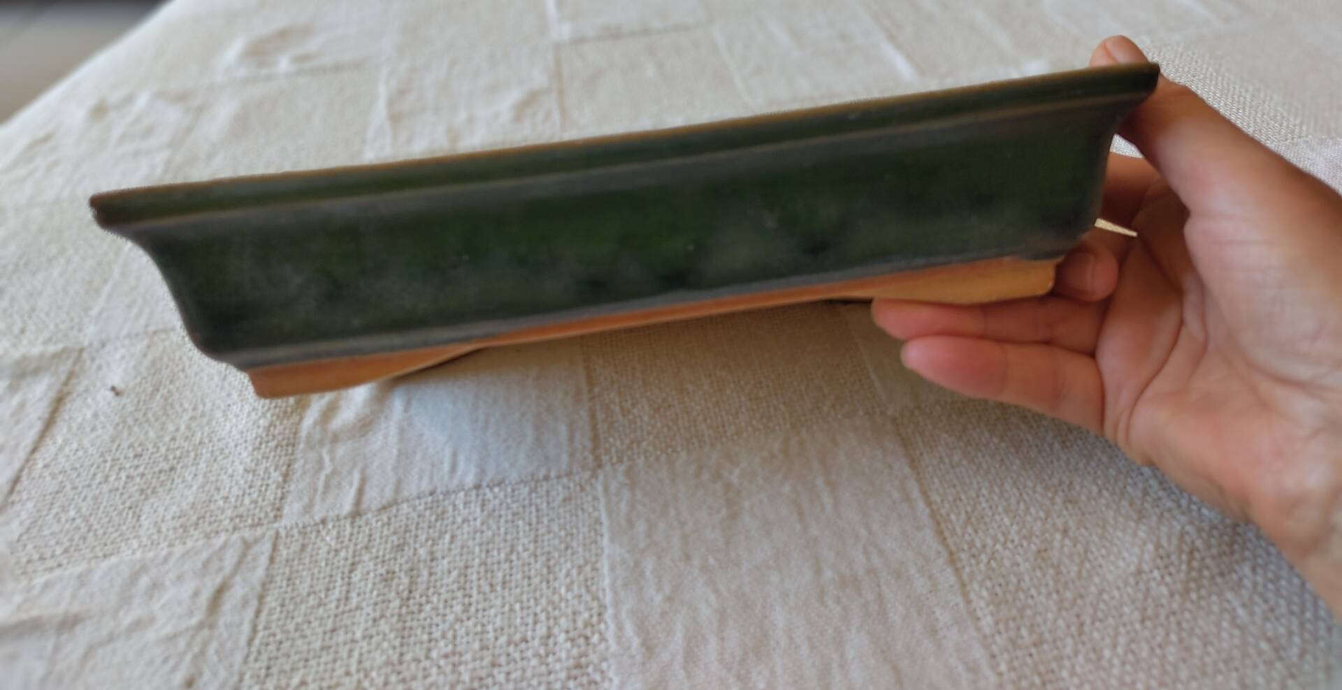 Rectangular glazed green ceramic bonsai pot