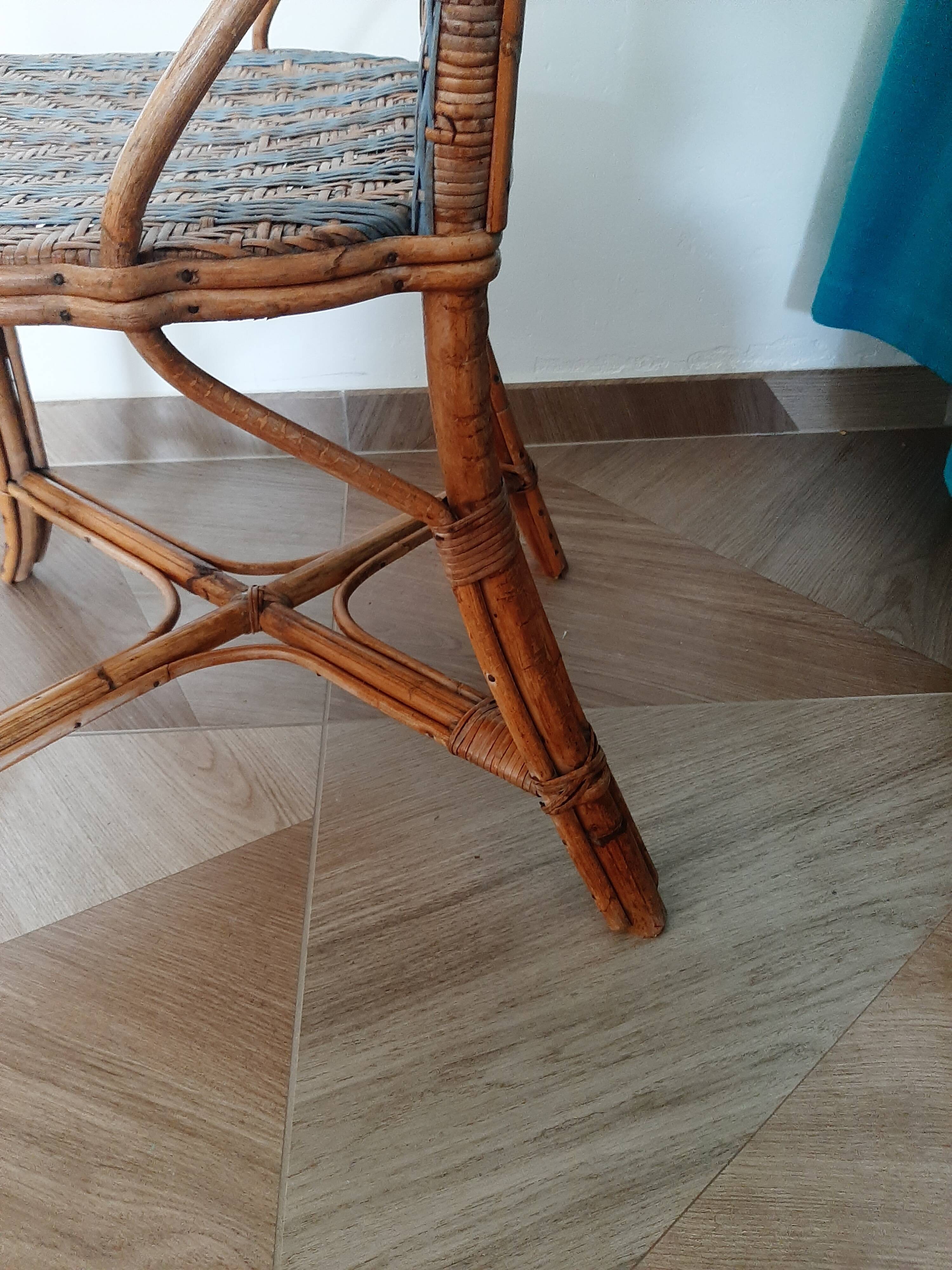 Vintage set of 2 garden woven rattan chairs - sky blue nets - 40