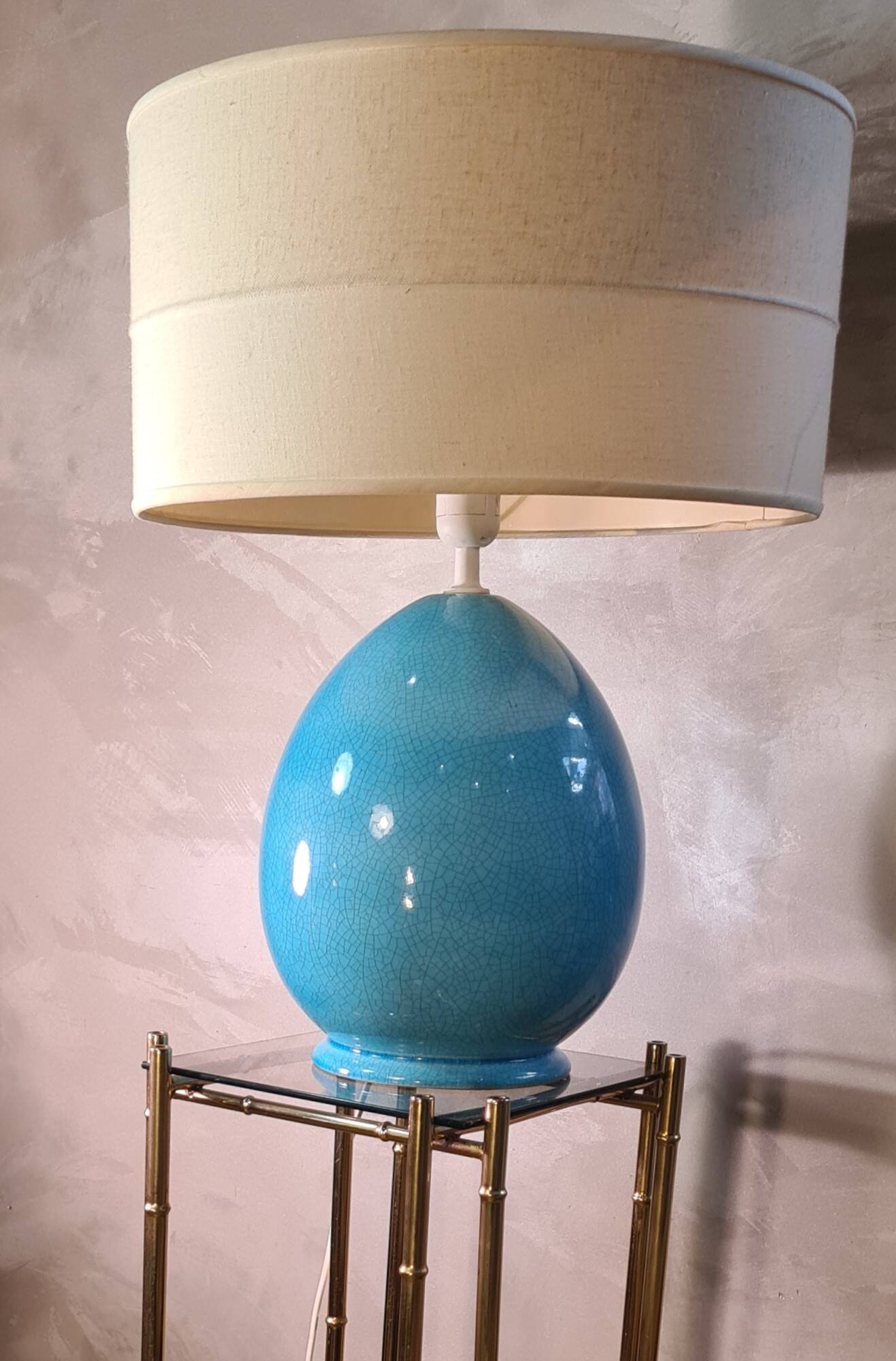 large living room lamp in cracked turquoise blue ceramic 1970 to 80, h53x40 elec ok