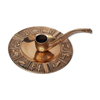 Ashtray and bronze candle holder with the 12 astrological signs of the zodiac
