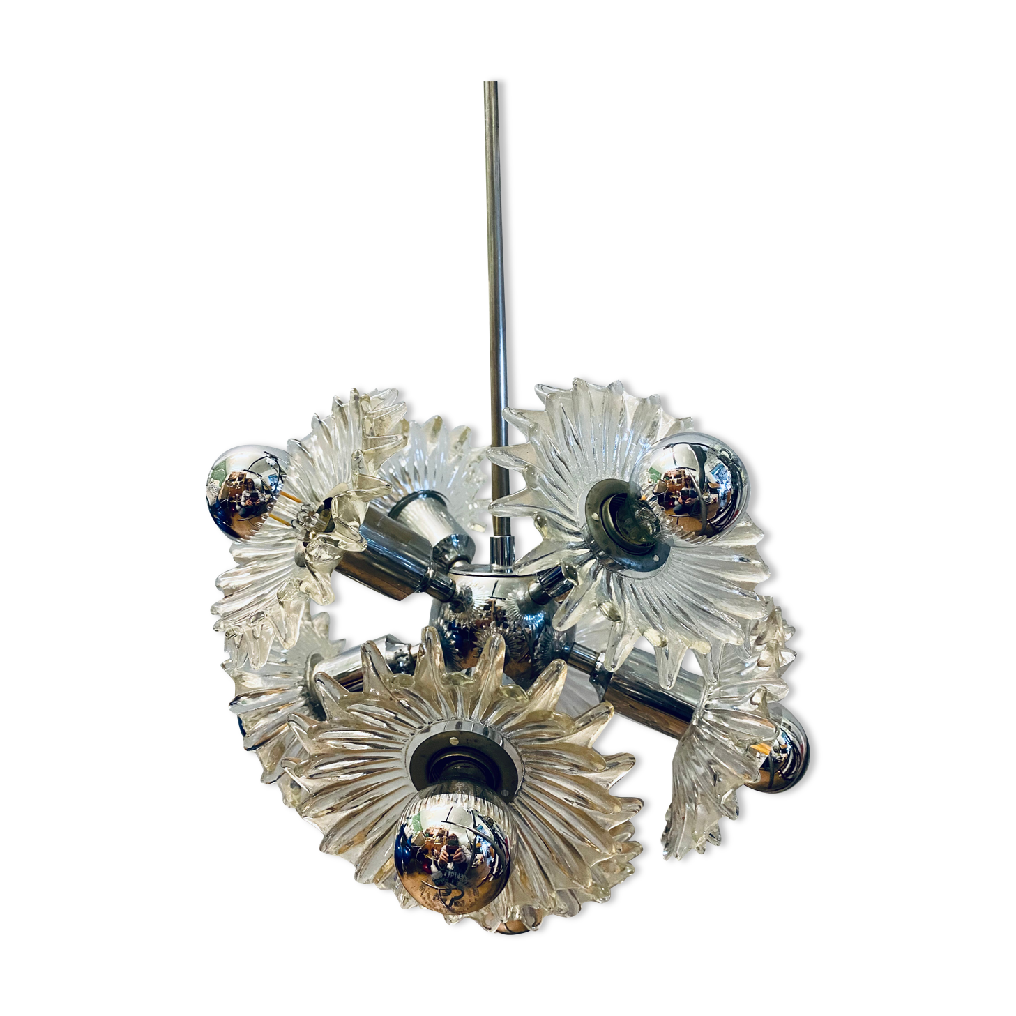 1970s german cosack sputnik dandelion hanging light chrome, glass