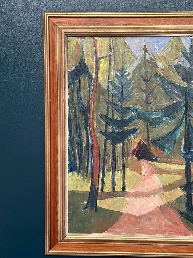 Large Original Swedish Oil on Canvas – 'Forest Road' by Leif Ewens – Signed – Vintage & Framed