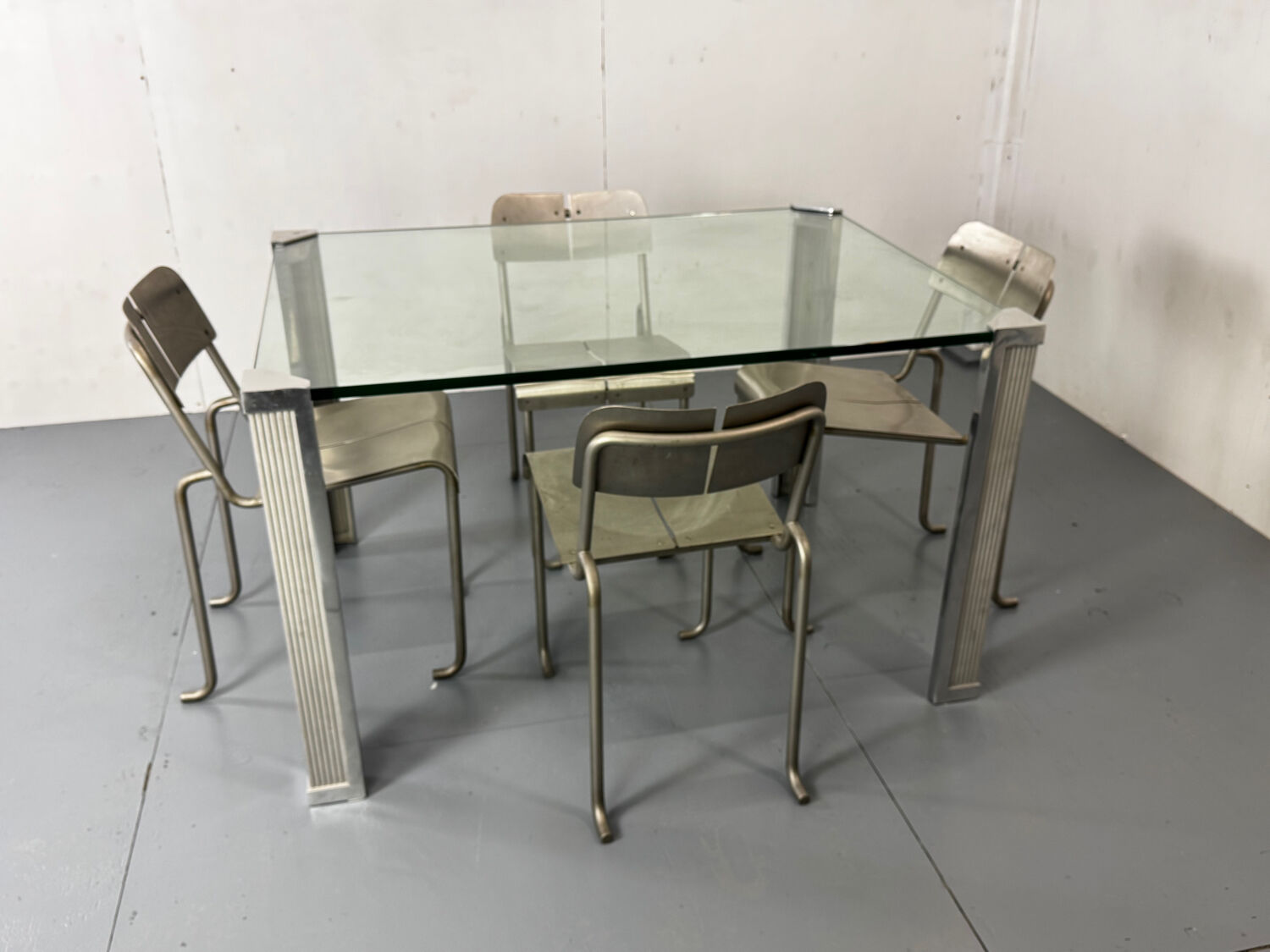 Mid Century Modern Regency Ghyczy Glass and Steel dining table or desk