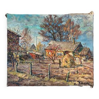 Huile sur toile /couteau, hameau de campagne, signature à identifier