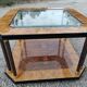 Table basse en verre biseauté et loupe d'orme années 70