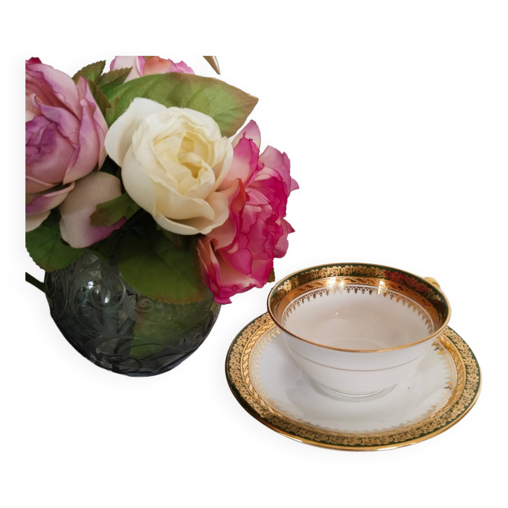 Limoges porcelain tea or chocolate cup, green and gold