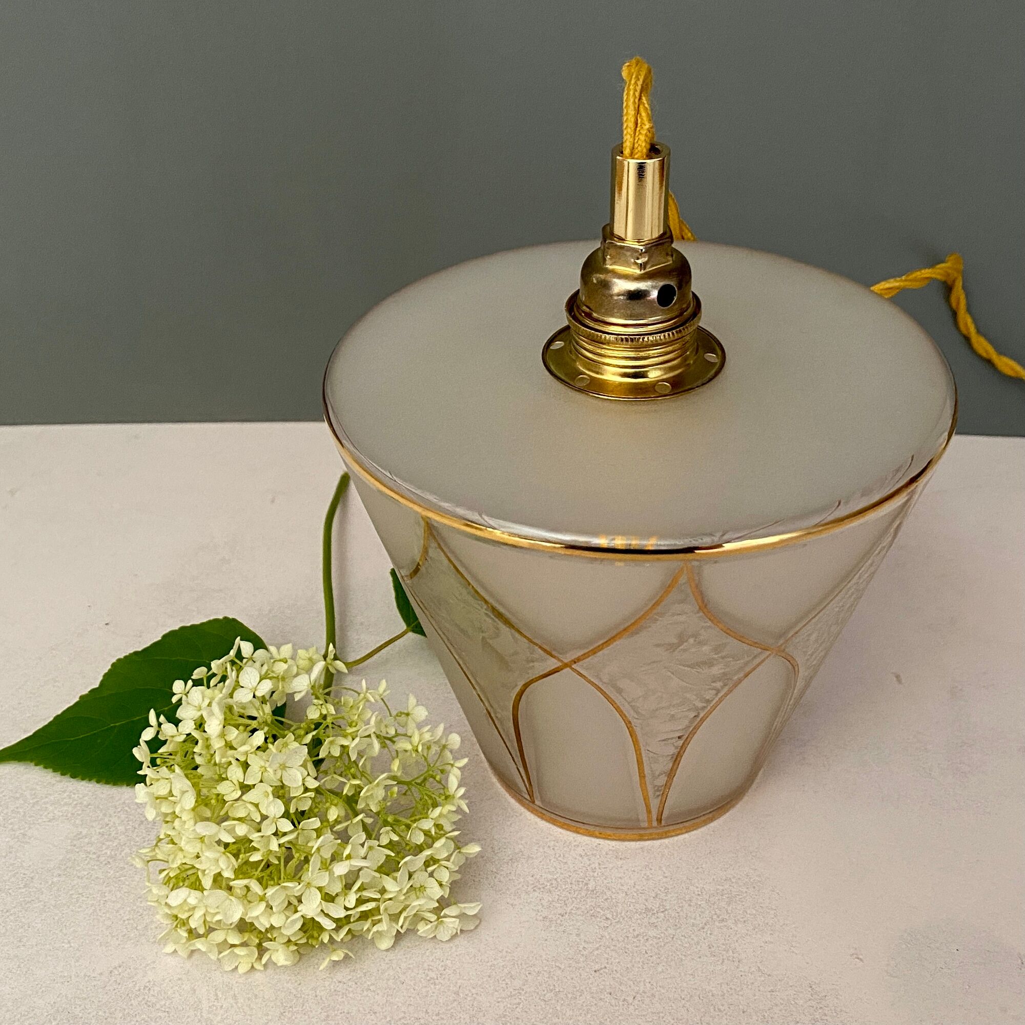 Vintage art deco tulip walker in white and golden frosted glass