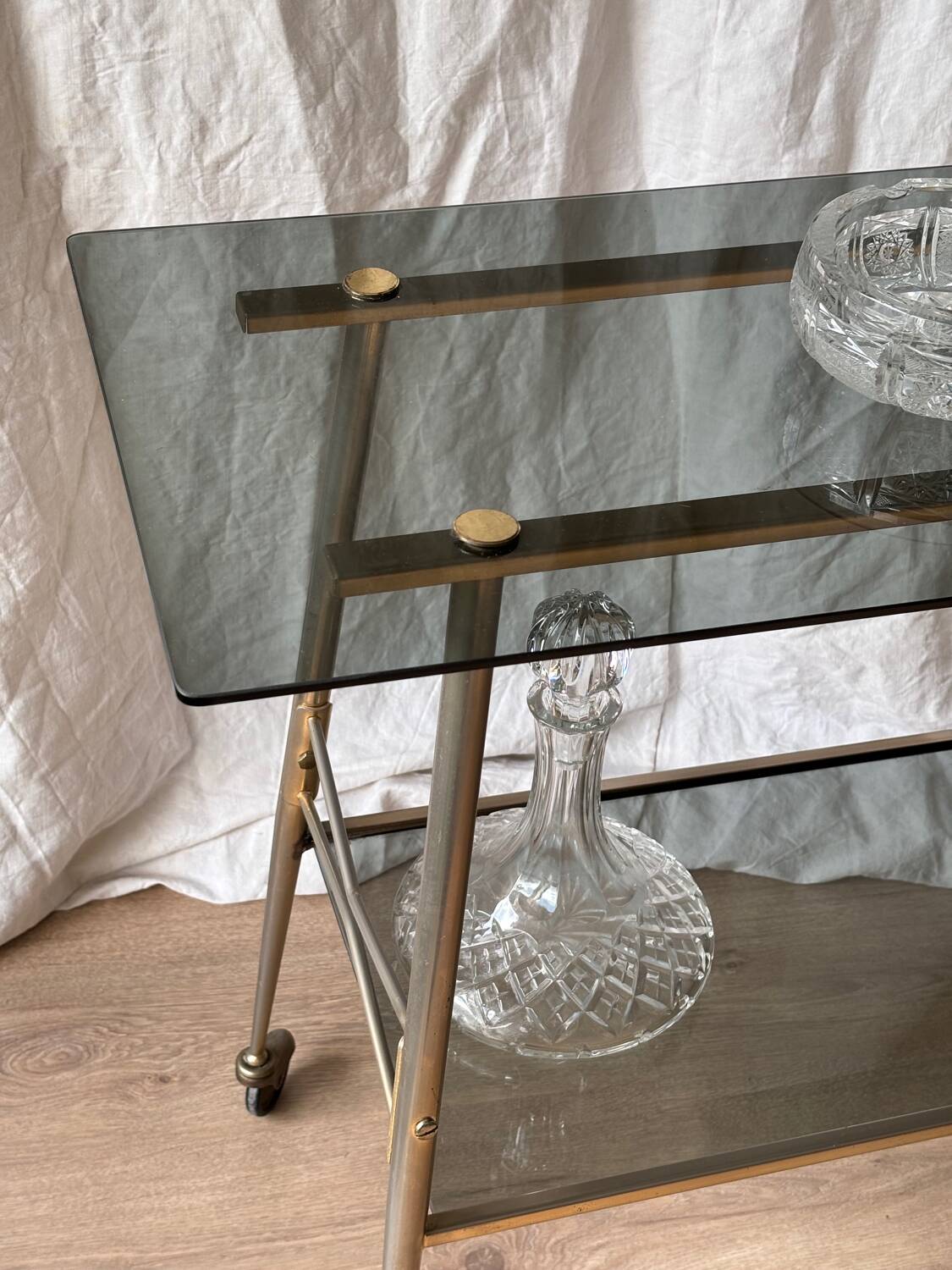 Vintage 1970 trolley in smoked glass and matte brass