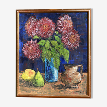 Oil on canvas flowers fruits signed dated 1967