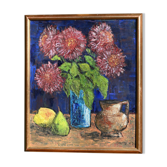 Oil on canvas flowers fruits signed dated 1967