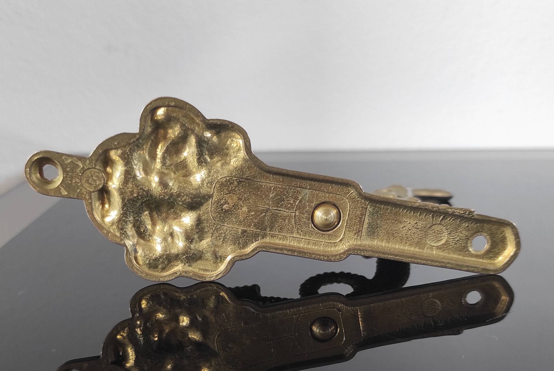 Vintage brass coat hook with marine creature motif and medallion.