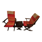 Pair of 4-position adjustable armchairs, vintage relax and its ottoman
