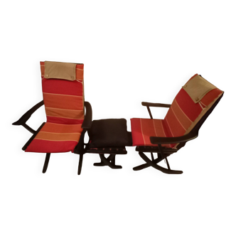 Pair of 4-position adjustable armchairs, vintage relax and its ottoman