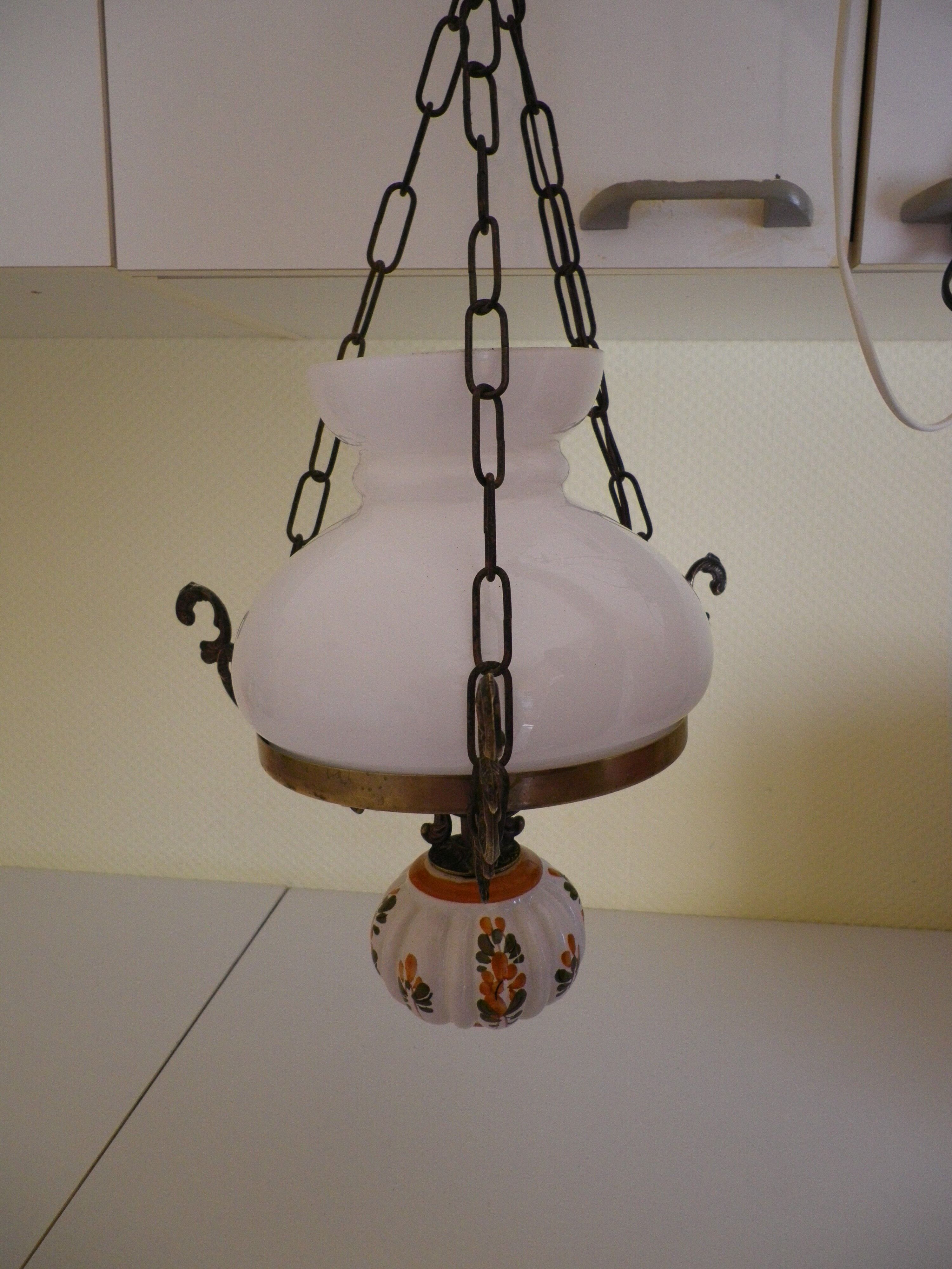 Hanging lamp of the 1950s, white opaline shade and porcelain decoration