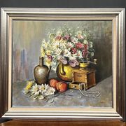 Still life with flowers and pearls signed.