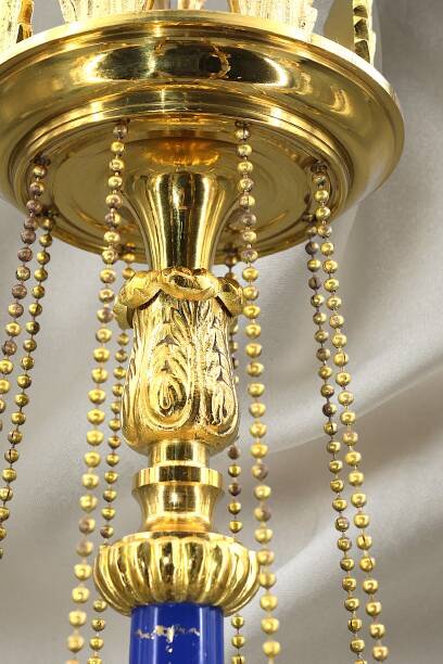A True Gem, this Chandelier with Bright Gold Finish & Royal Blue in Bronze, Eight Lights.