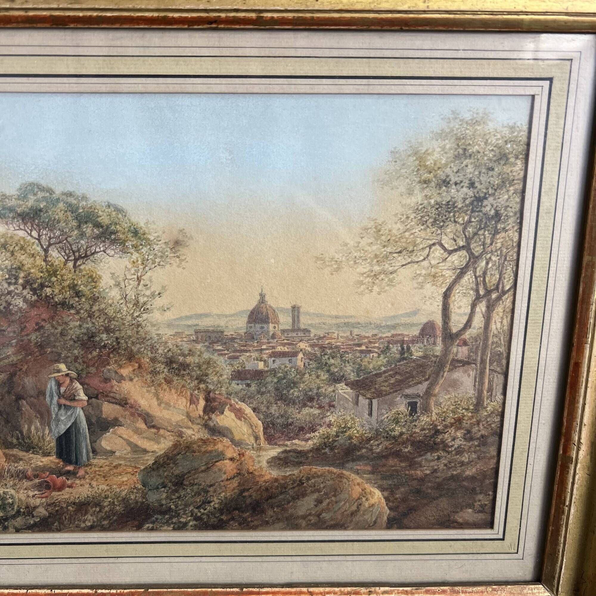 Luigi Garibbo 1858 - Italy view from Florence young woman - Tempera painting