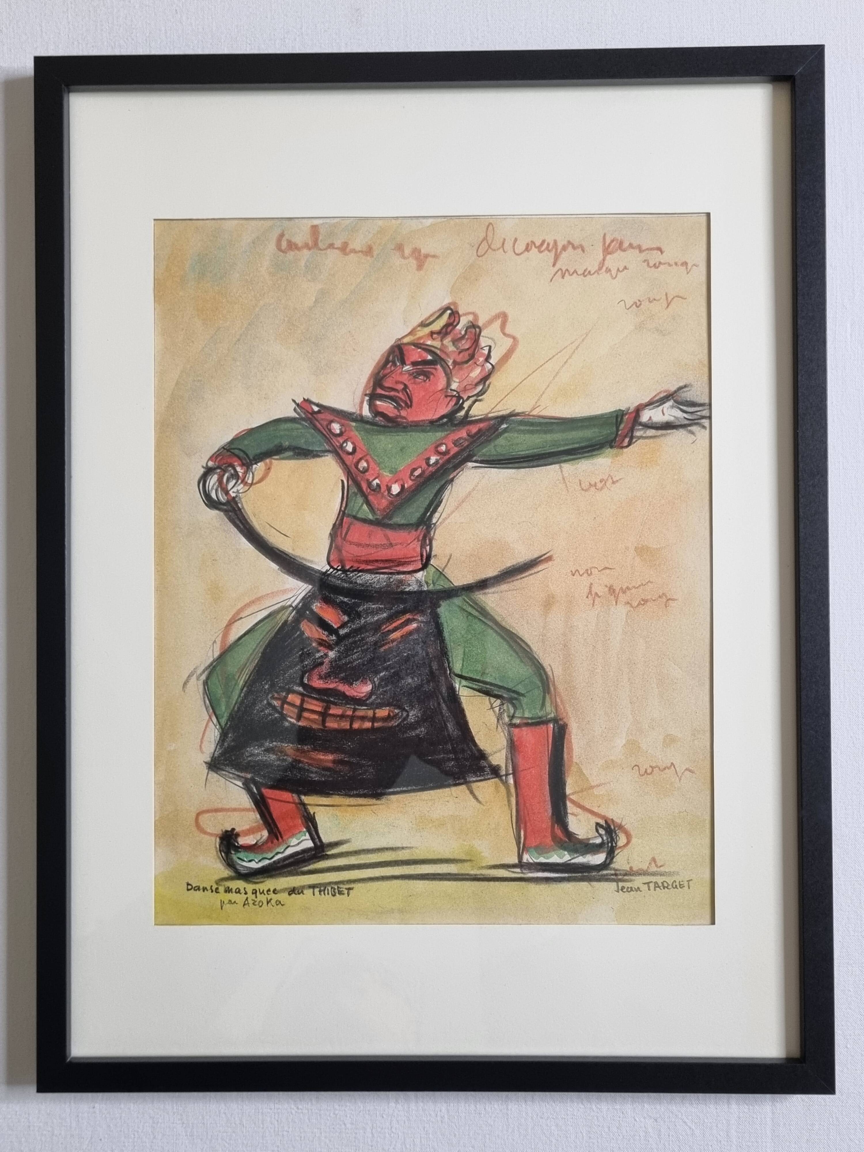 Original pastel signed by Jean Target – Masked dance in Tibet, 30 x 40 cm