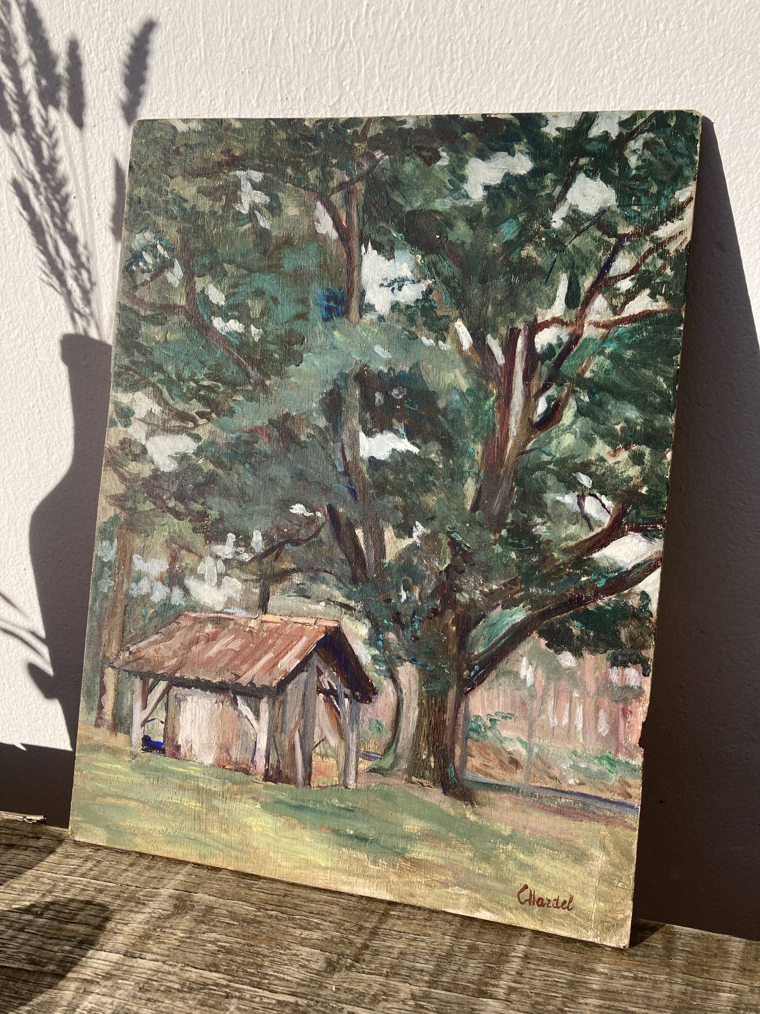 Oil on wood panel, old painting signed representing a tree and a bread oven of the Landes