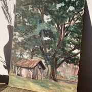 Oil on wood panel, old painting signed representing a tree and a bread oven of the Landes