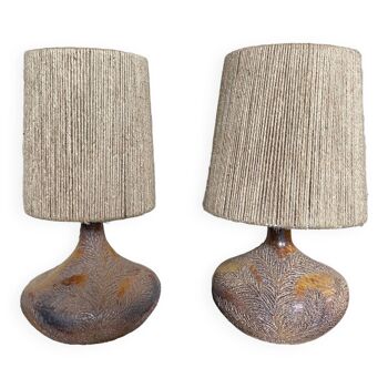 Pair of vintage Vallauris scarified seagrass stoneware lamps and rope lampshade