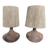 Paire de Lampes en grès herbiers scarifiés Vallauris vintage et abat jour corde