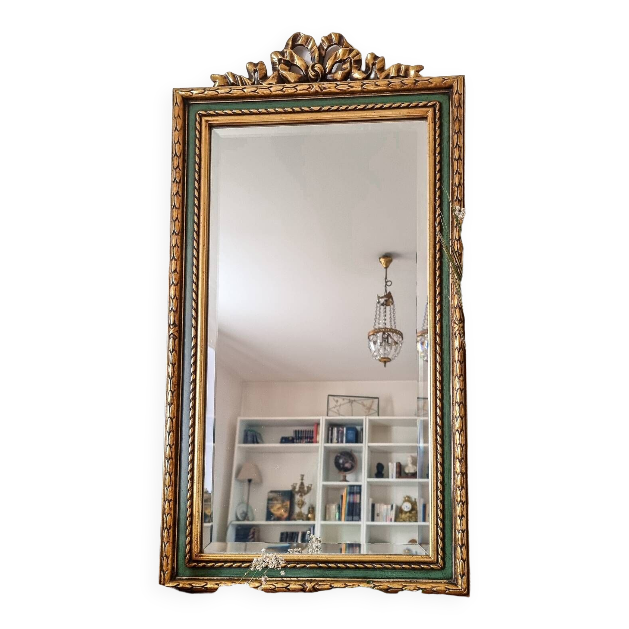 Gold and fir green beveled mirror, Louis XVI/Regency style, 1970
