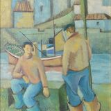 Two fishermen - cubist influenced oil - jose ramon arostegui