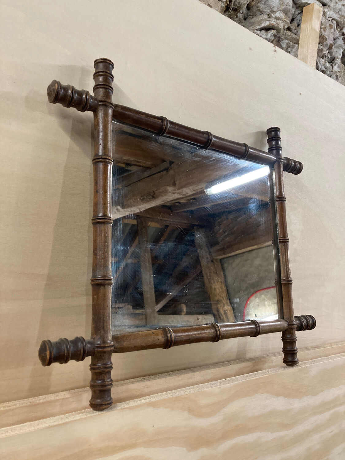 Mirror 45x51cm rectangular wood imitation bamboo 1960