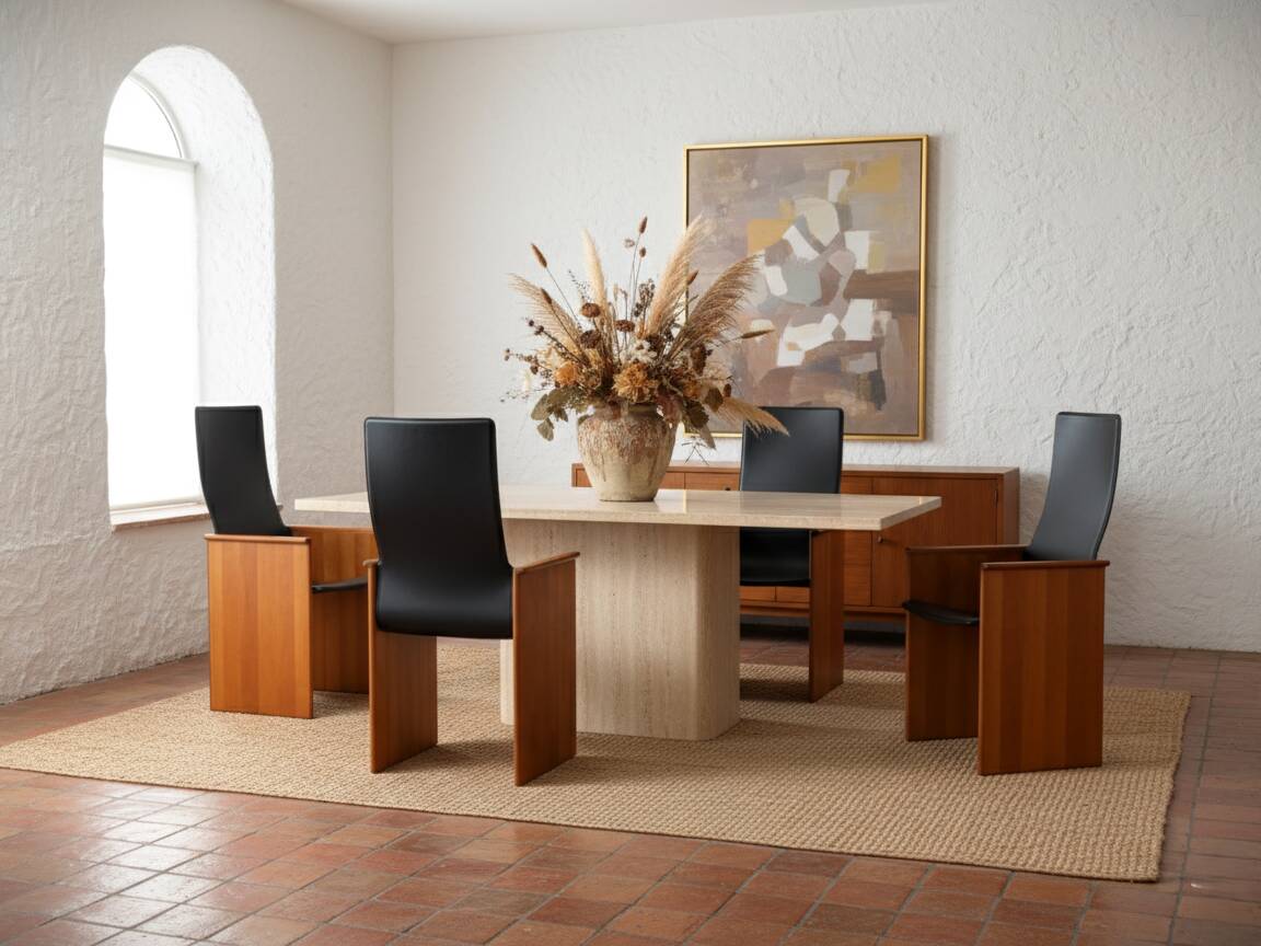 Set of 4 Segesta walnut and black letaher chairs Stildomus 1970s