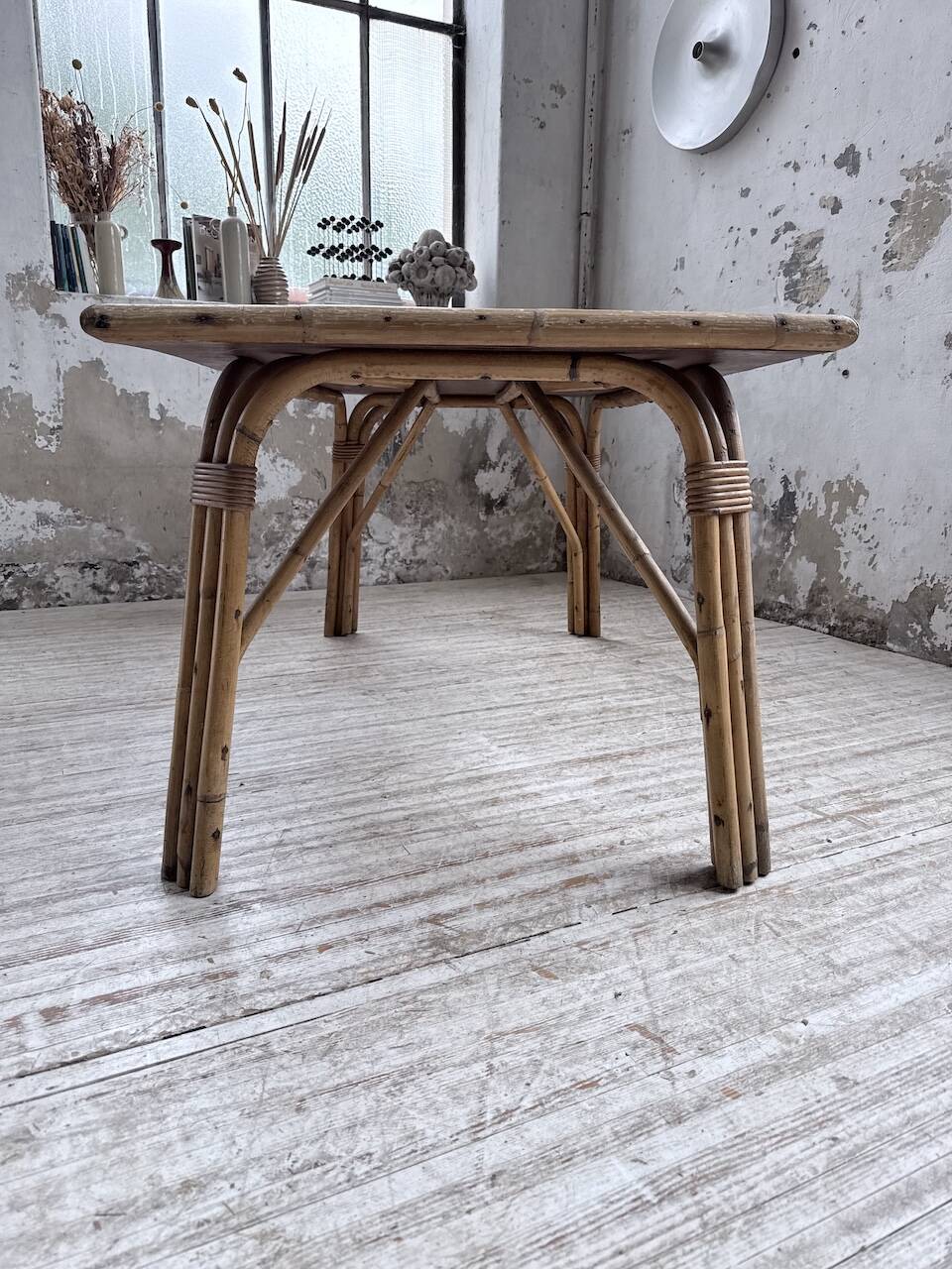1950s rattan table with ceramic top