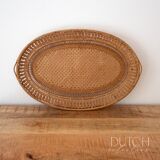 Panier vintage en rotin tissé à la main, tissage en dentelle ouverte, plat à bibelots en osier