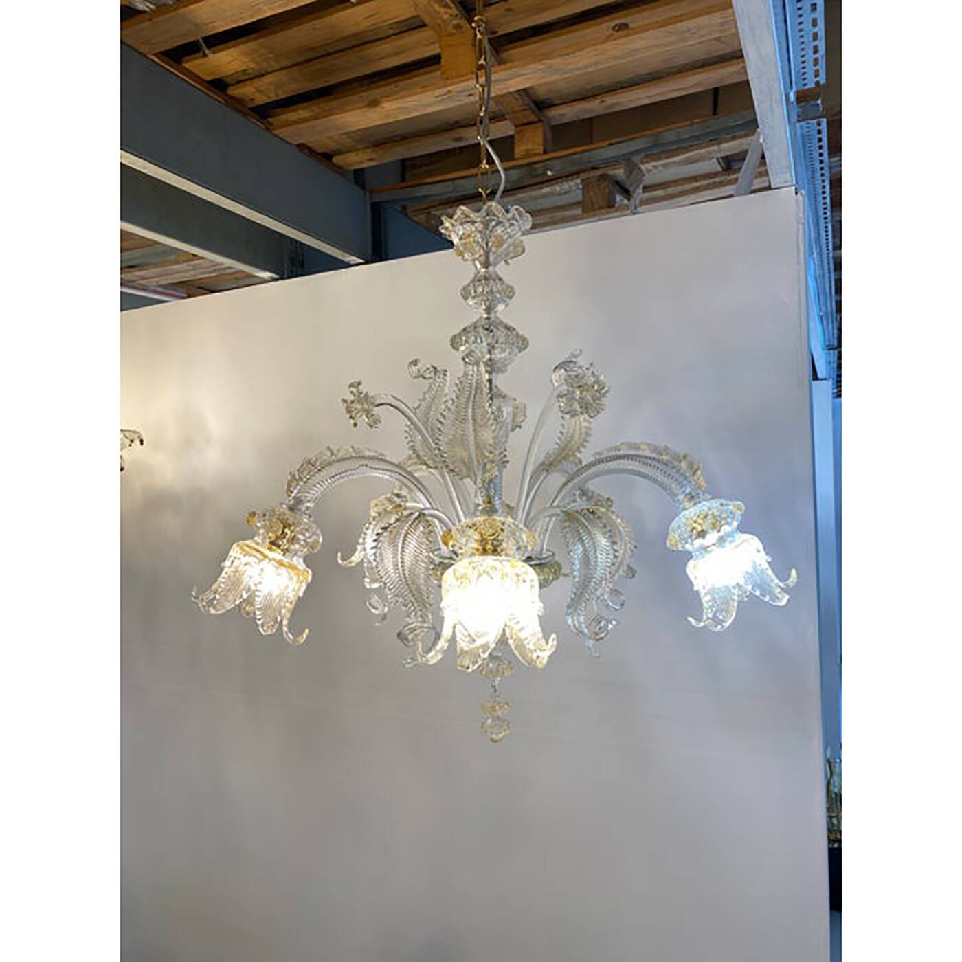 Glass Clear and Gold Chandelier With Flowers and Leaves