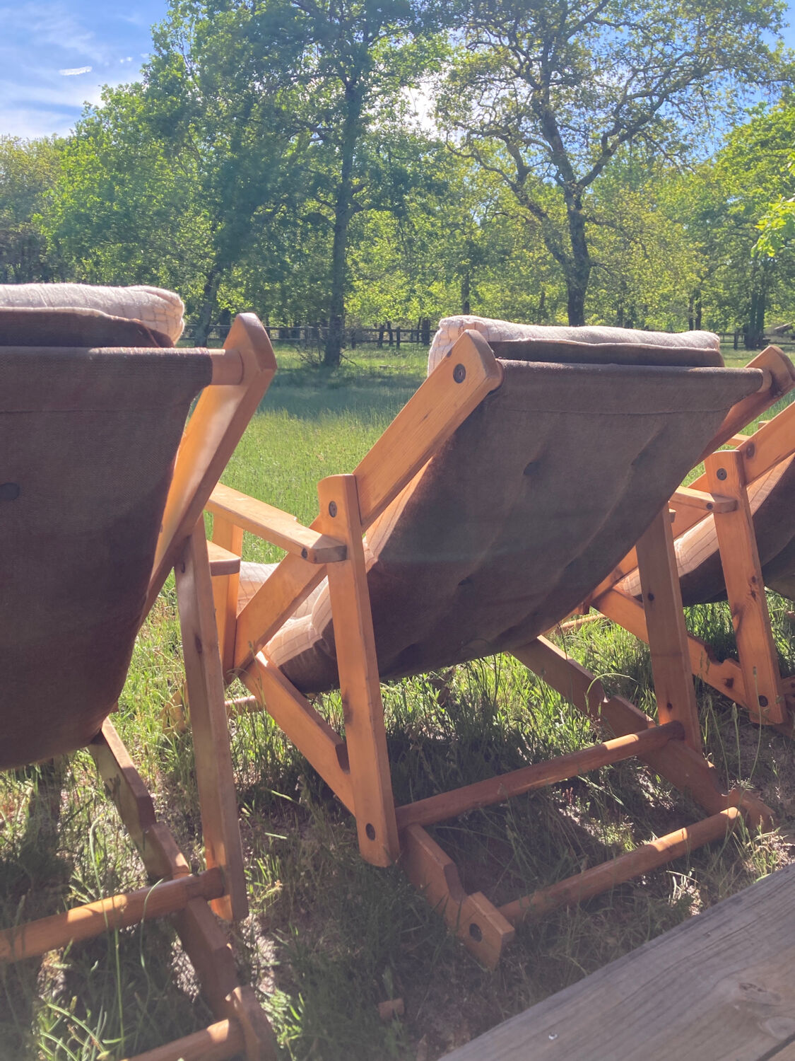 4 garden armchairs 1970 in pine and beige fabric