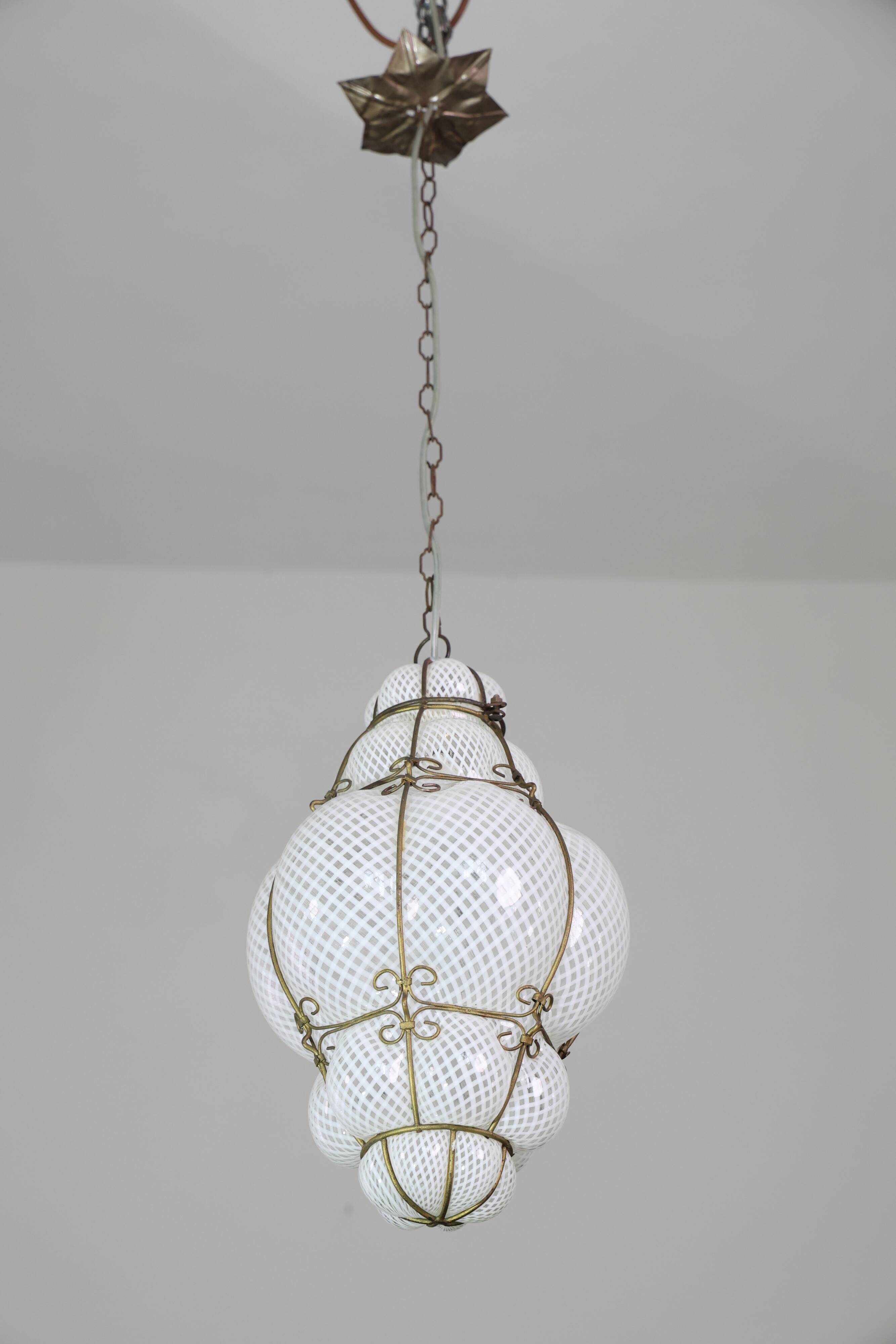 Amazing Large Venetian Lantern in Murano Reticello Glass, 1940s