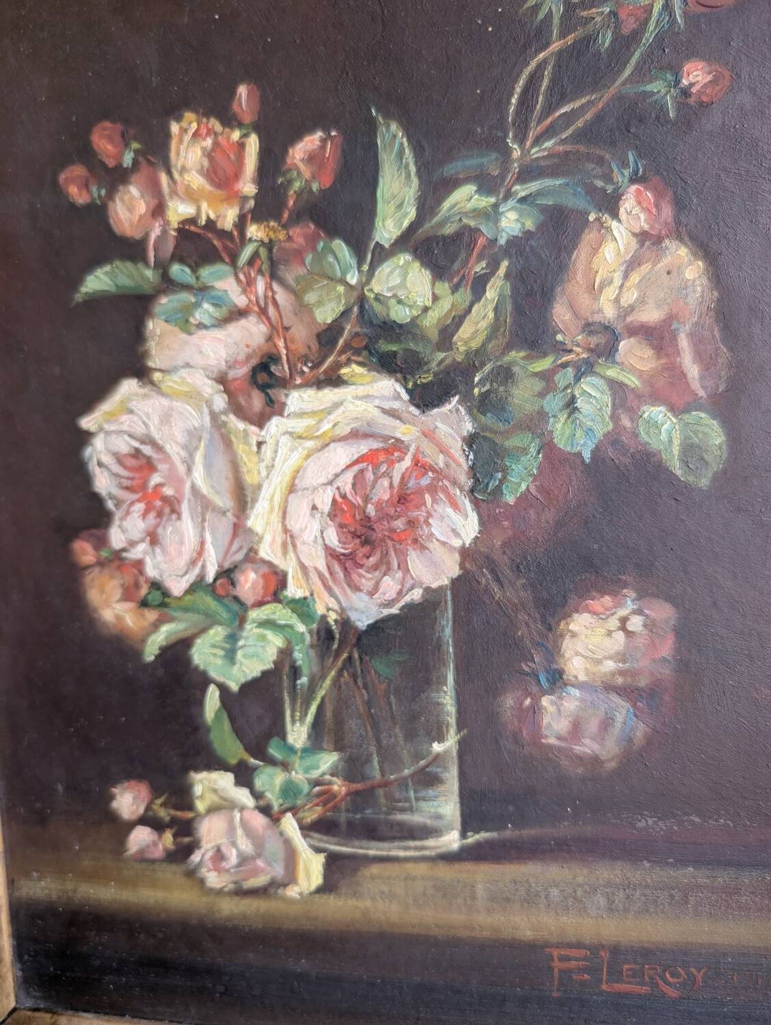Tableau huile sur bois rose dans vase début XXeme
