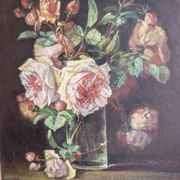 Tableau huile sur bois rose dans vase début XXeme