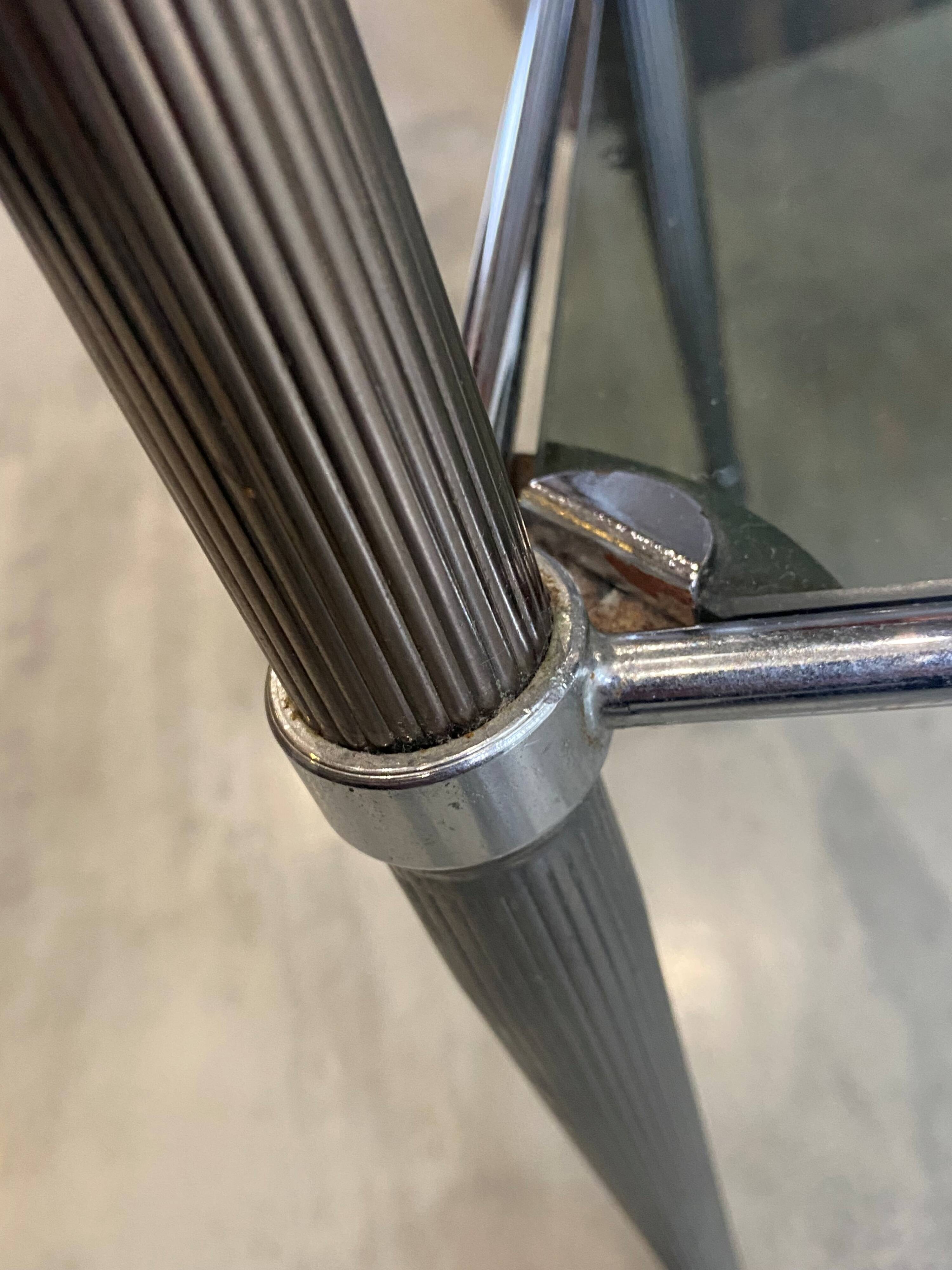 Vintage 1950s silver metal bar cart with wheels and two glass shelves