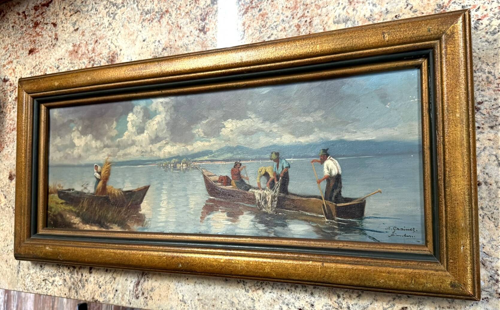 Gabrielle Rainer: oil painting on panel / fishermen