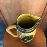 Ancien service pichet & 5 chopes céramique décor vigne raisin jaune vert vintage