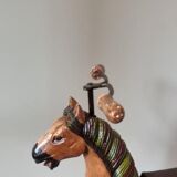 Tricycle ancien, jouet français avec cheval sculpté en bois et métal