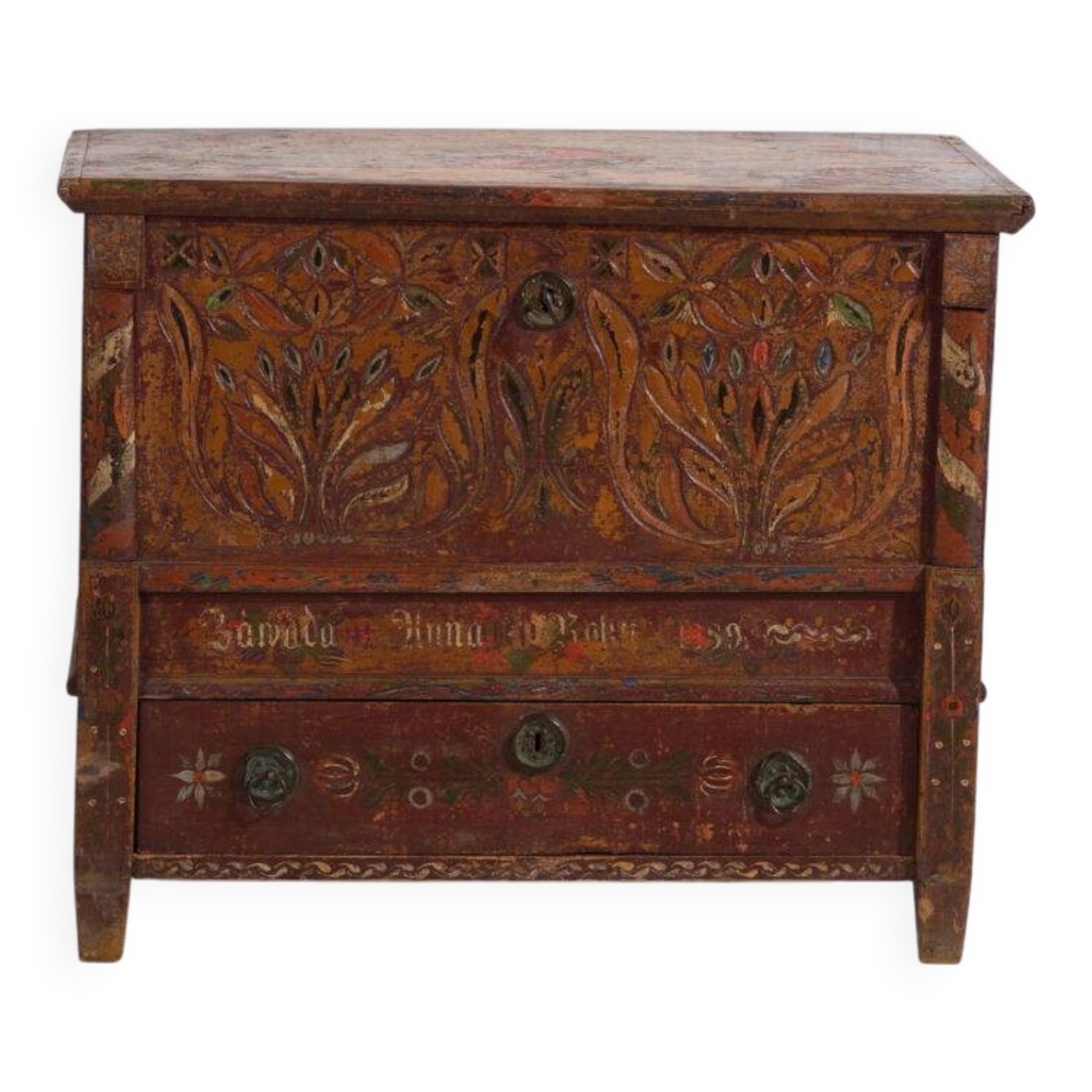 Polychrome pine wedding chest – Central Europe, 1889