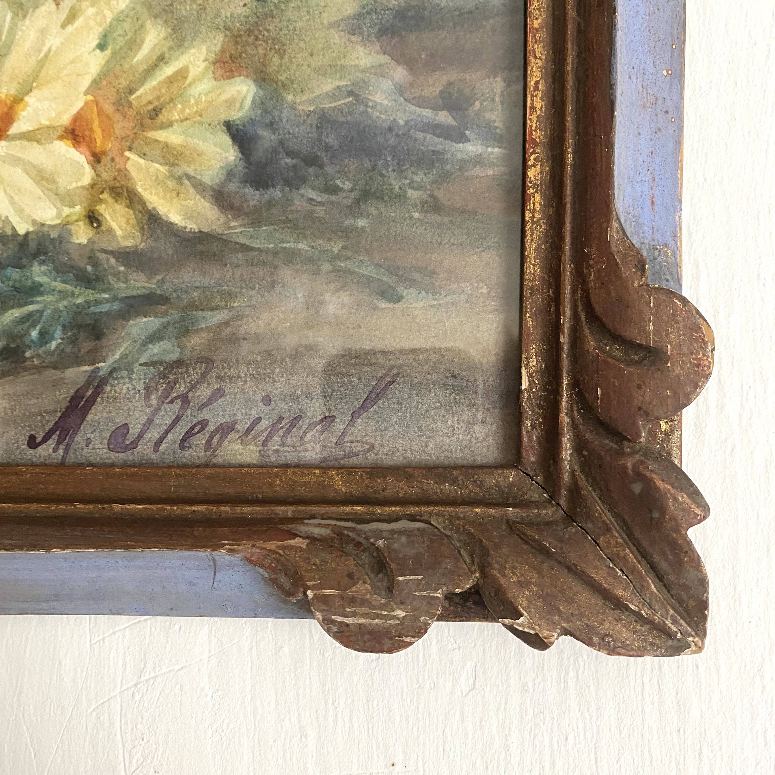Framed old watercolor flowers M Réginal