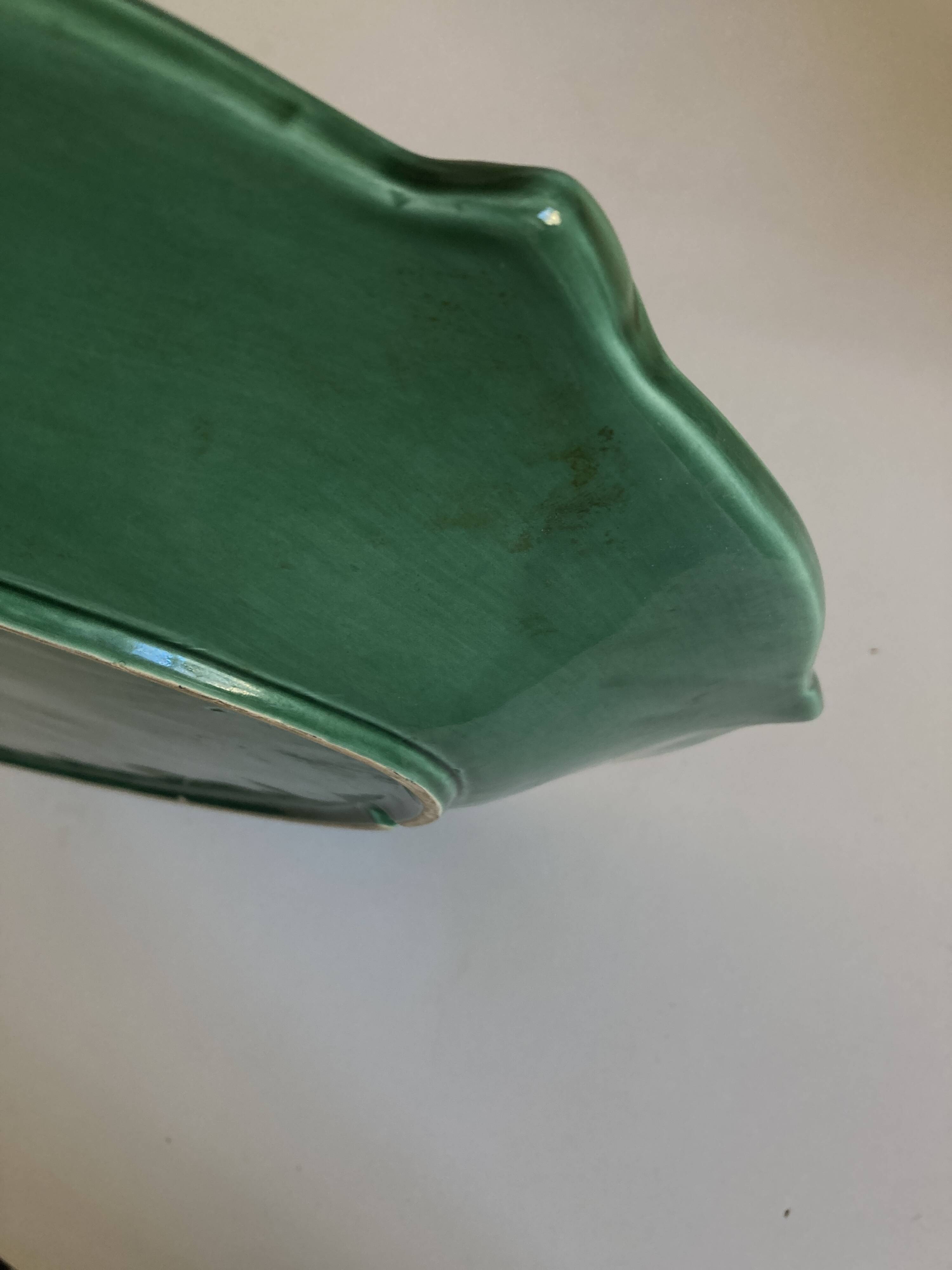 XXXL oval earthenware centerpiece dish with pearl decor, green covered, 1960s