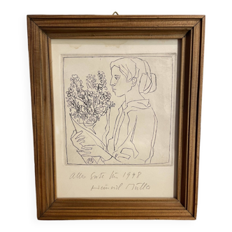 Gravure Femme au bouquet par Muller 1948