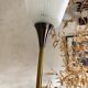 Vintage reed floor lamp in black metal and brass with three white opalines