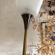Vintage reed floor lamp in black metal and brass with three white opalines