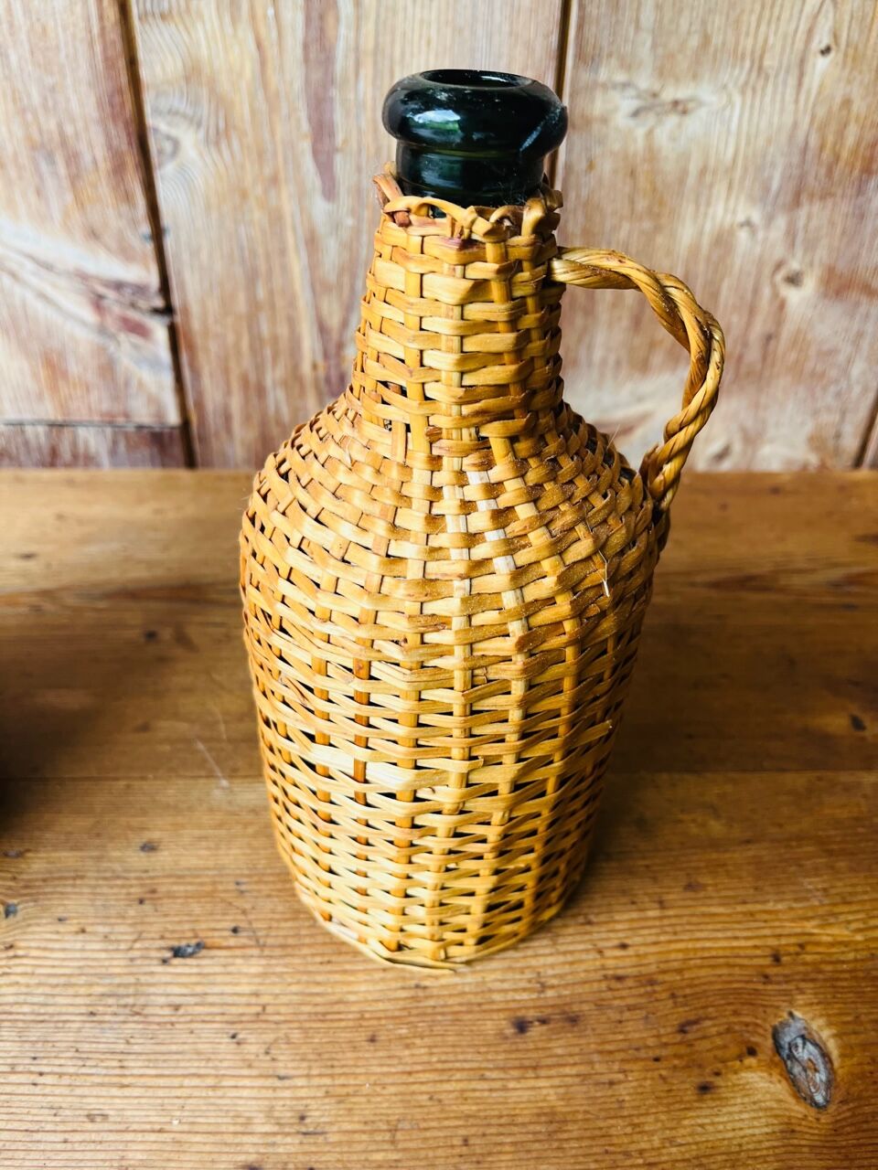 Vintage braided rattan bottle duo